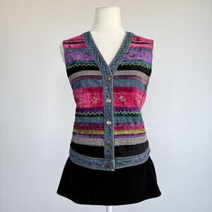Susan Bristol Vest Womens PP Multicolor Denim Embroidered Striped Floral Boho